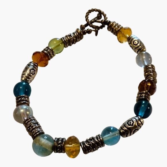 Rainbow Beaded Bracelet Multicolor Glass Beads Silver Tone Toggle Clasp 8 Inch - Picture 2 of 4